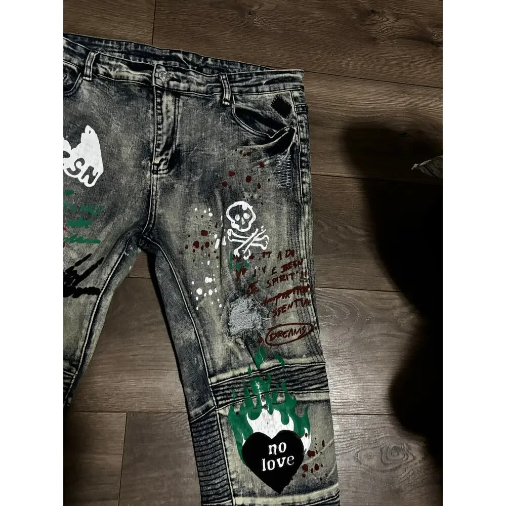 BIEPA Jeans Men’s Size 38 Distressed Moto Graffiti Skinny Jeans